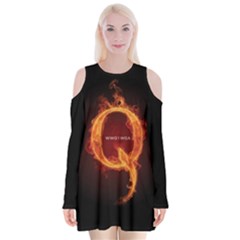 Qanon Letter Q Fire Effect Wwgowga Wwg1wga Velvet Long Sleeve Shoulder Cutout Dress by snek