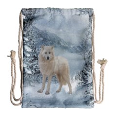 Wonderful Arctic Wolf In The Winter Landscape Drawstring Bag (large) by FantasyWorld7