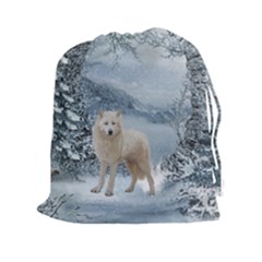 Wonderful Arctic Wolf In The Winter Landscape Drawstring Pouch (xxl) by FantasyWorld7