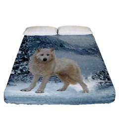 Wonderful Arctic Wolf In The Winter Landscape Fitted Sheet (queen Size) by FantasyWorld7