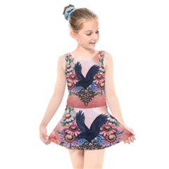 Wonderful Crow With Flowers On Red Vintage Dsign Kids  Skater Dress Swimsuit