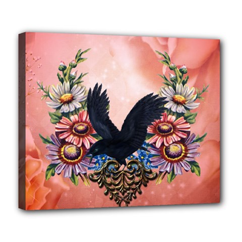 Wonderful Crow With Flowers On Red Vintage Dsign Deluxe Canvas 24  X 20  (stretched)