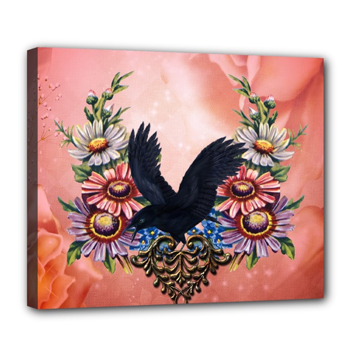 Wonderful Crow With Flowers On Red Vintage Dsign Deluxe Canvas 24  x 20  (Stretched)