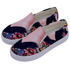 Wonderful Crow With Flowers On Red Vintage Dsign Kids  Canvas Slip Ons by FantasyWorld7