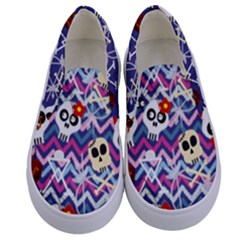 Medium Purple Hand Drawn Skulls Kids  Canvas Slip Ons by PattyVilleDesigns