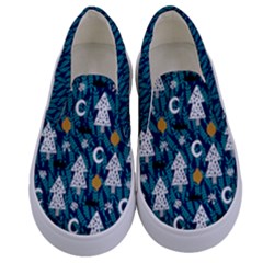 Snow Dark Blue Xmas Tree Holiday Kids  Canvas Slip Onss by PattyVilleDesigns