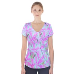 Hot Pink And White Peppermint Twist Flower Petals Short Sleeve Front Detail Top