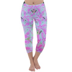 Hot Pink And White Peppermint Twist Flower Petals Capri Winter Leggings  by myrubiogarden