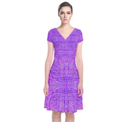 Hot Pink And Purple Abstract Branch Pattern Short Sleeve Front Wrap Dress