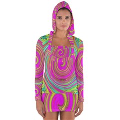 Groovy Abstract Pink, Turquoise And Yellow Swirl Long Sleeve Hooded T-shirt by myrubiogarden