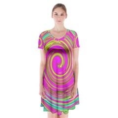 Groovy Abstract Pink, Turquoise And Yellow Swirl Short Sleeve V-neck Flare Dress by myrubiogarden