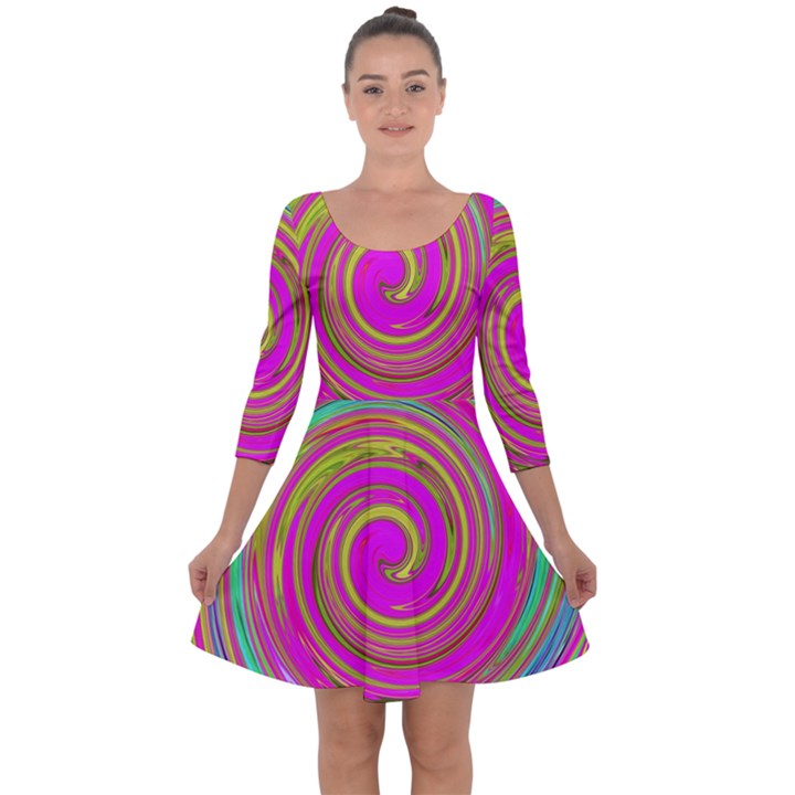 Groovy Abstract Pink, Turquoise And Yellow Swirl Quarter Sleeve Skater Dress
