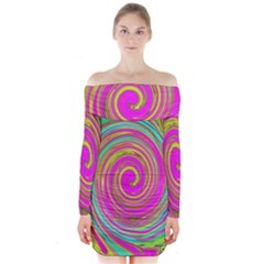 Groovy Abstract Pink, Turquoise And Yellow Swirl Long Sleeve Off Shoulder Dress by myrubiogarden