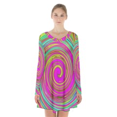 Groovy Abstract Pink, Turquoise And Yellow Swirl Long Sleeve Velvet V-neck Dress by myrubiogarden