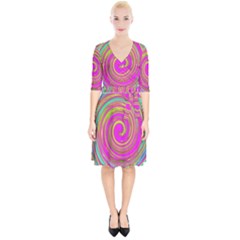 Groovy Abstract Pink, Turquoise And Yellow Swirl Wrap Up Cocktail Dress