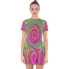 Groovy Abstract Pink, Turquoise And Yellow Swirl Drop Hem Mini Chiffon Dress