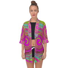 Groovy Abstract Pink, Turquoise And Yellow Swirl Open Front Chiffon Kimono by myrubiogarden