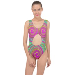 Groovy Abstract Pink, Turquoise And Yellow Swirl Center Cut Out Swimsuit by myrubiogarden