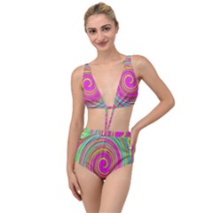 Groovy Abstract Pink, Turquoise And Yellow Swirl Tied Up Two Piece Swimsuit by myrubiogarden