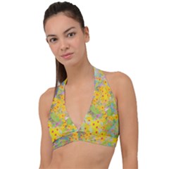 Pretty Yellow And Red Flowers With Turquoise Halter Plunge Bikini Top by myrubiogarden