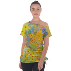 Pretty Yellow And Red Flowers With Turquoise Tie-up Tee