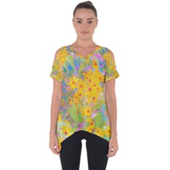 Pretty Yellow And Red Flowers With Turquoise Cut Out Side Drop Tee by myrubiogarden