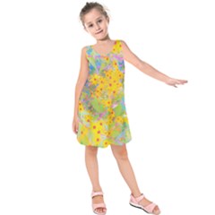 Pretty Yellow And Red Flowers With Turquoise Kids  Sleeveless Dress by myrubiogarden