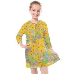 Pretty Yellow And Red Flowers With Turquoise Kids  Quarter Sleeve Shirt Dress by myrubiogarden