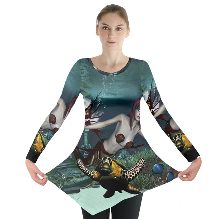 Wonderful Fmermaid With Turtle In The Deep Ocean Long Sleeve Tunic 