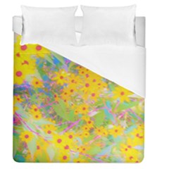 Pretty Yellow And Red Flowers With Turquoise Duvet Cover (queen Size) by myrubiogarden