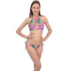 Lime Green And Pink Succulent Sedum Rosette Cross Front Halter Bikini Set by myrubiogarden