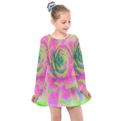 Lime Green And Pink Succulent Sedum Rosette Kids  Long Sleeve Dress by myrubiogarden