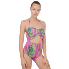 Lime Green And Pink Succulent Sedum Rosette Scallop Top Cut Out Swimsuit