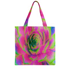 Lime Green And Pink Succulent Sedum Rosette Zipper Grocery Tote Bag by myrubiogarden