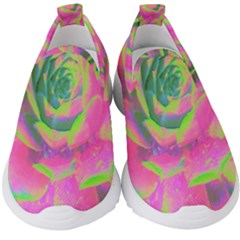 Lime Green And Pink Succulent Sedum Rosette Kids  Slip On Sneakers by myrubiogarden