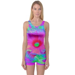 Psychedelic Pink And Red Hibiscus Flower One Piece Boyleg Swimsuit