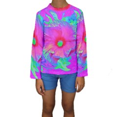 Psychedelic Pink And Red Hibiscus Flower Kids  Long Sleeve Swimwear