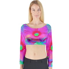 Psychedelic Pink And Red Hibiscus Flower Long Sleeve Crop Top