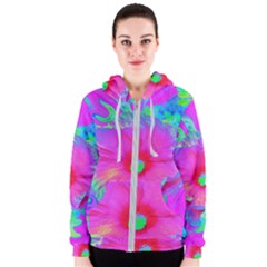 Psychedelic Pink And Red Hibiscus Flower Women s Zipper Hoodie