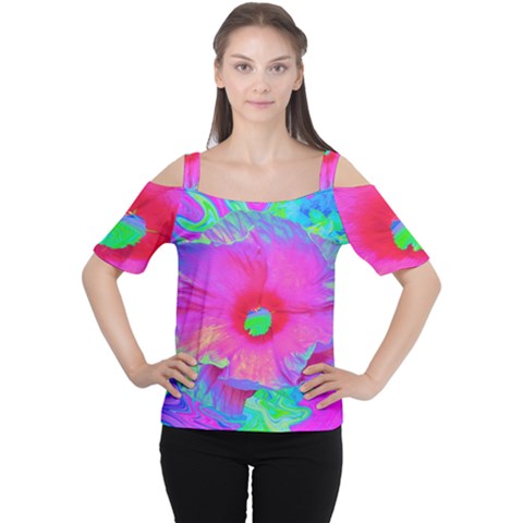 Psychedelic Pink And Red Hibiscus Flower Cutout Shoulder Tee by myrubiogarden