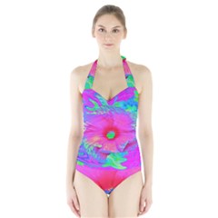Psychedelic Pink And Red Hibiscus Flower Halter Swimsuit