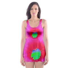 Psychedelic Pink And Red Hibiscus Flower Skater Dress Swimsuit