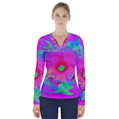 Psychedelic Pink And Red Hibiscus Flower V-neck Long Sleeve Top by myrubiogarden