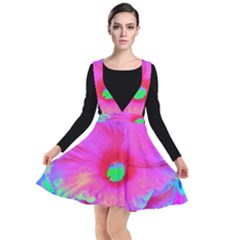 Psychedelic Pink And Red Hibiscus Flower Plunge Pinafore Dress