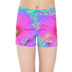 Psychedelic Pink And Red Hibiscus Flower Kids Sports Shorts by myrubiogarden