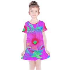 Psychedelic Pink And Red Hibiscus Flower Kids  Simple Cotton Dress