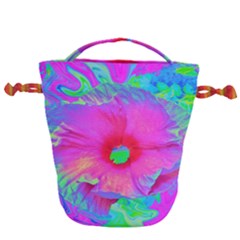 Psychedelic Pink And Red Hibiscus Flower Drawstring Bucket Bag by myrubiogarden