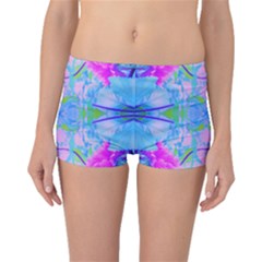 Pink And Purple Dahlia On Blue Pattern Boyleg Bikini Bottoms by myrubiogarden