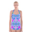 Pink And Purple Dahlia On Blue Pattern Boyleg Halter Swimsuit  View1