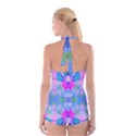 Pink And Purple Dahlia On Blue Pattern Boyleg Halter Swimsuit  View2